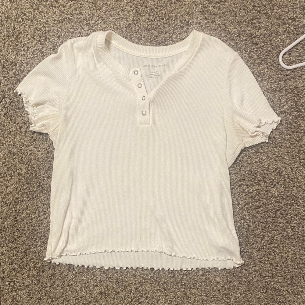American Eagle White Ribbed Short Sleeve Top